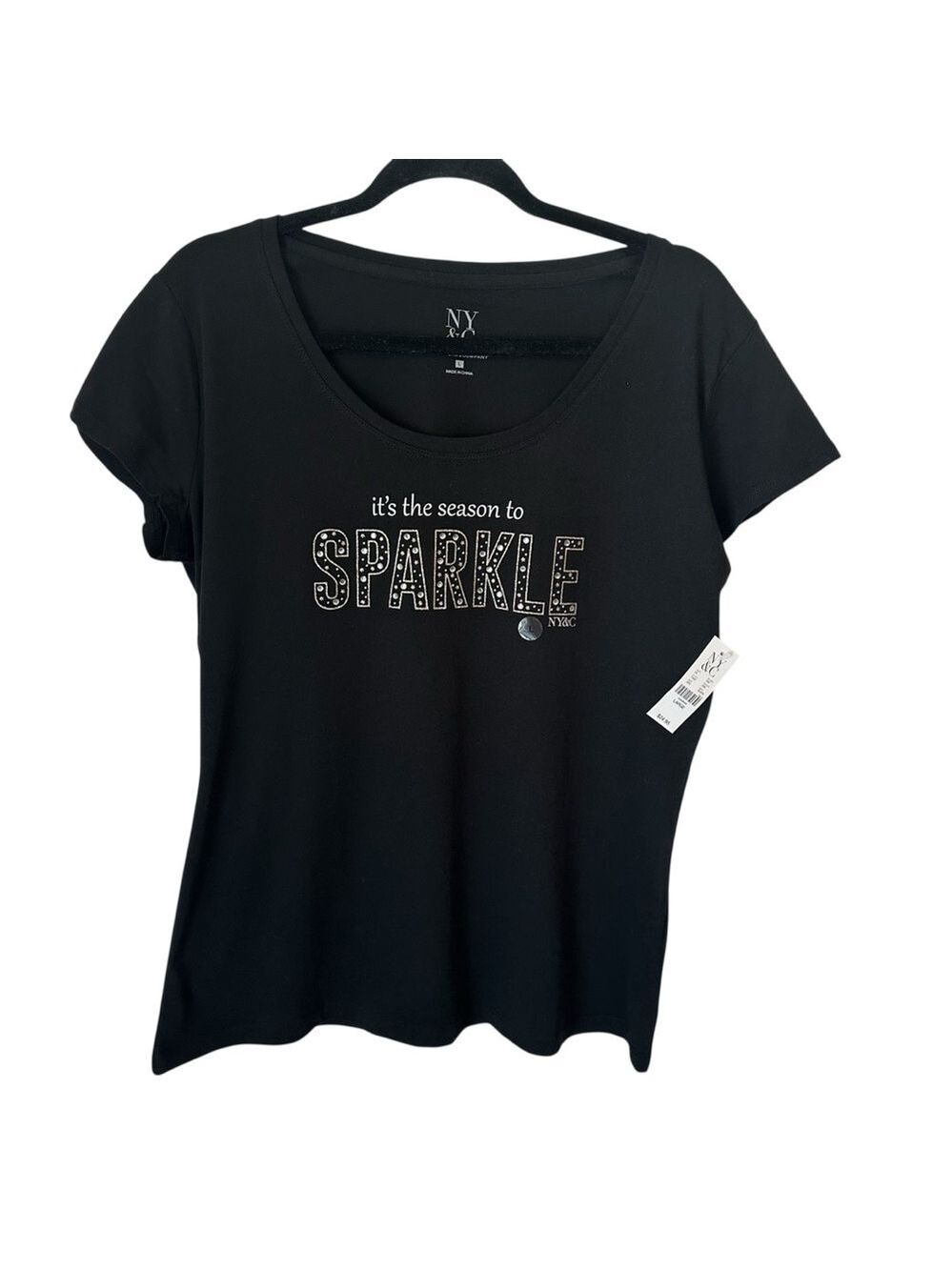 NY&C New York Company Black Tis The Season To Sparkle T-Shirt Women’s Large